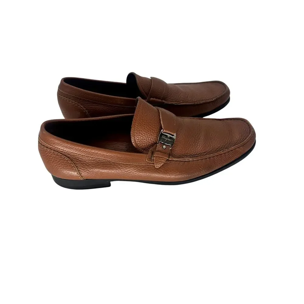 Salvatore Ferragamo Gancini Pebbled Leather Loafers Brown Men's Size 12 D